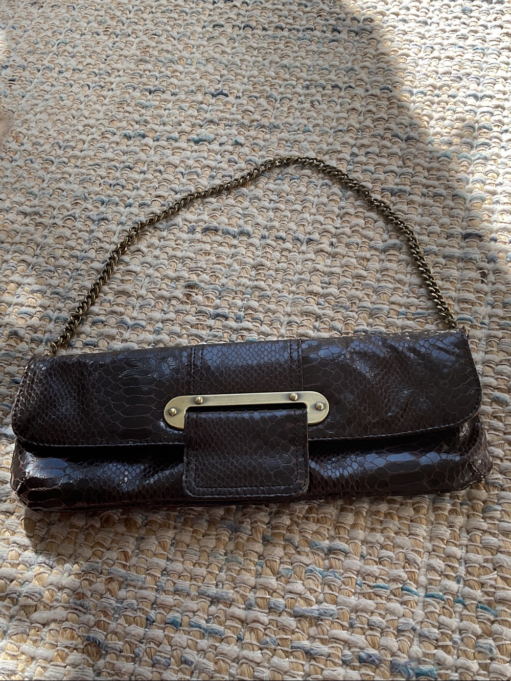 Brown Snake-Embossed Chain Strap Clutch